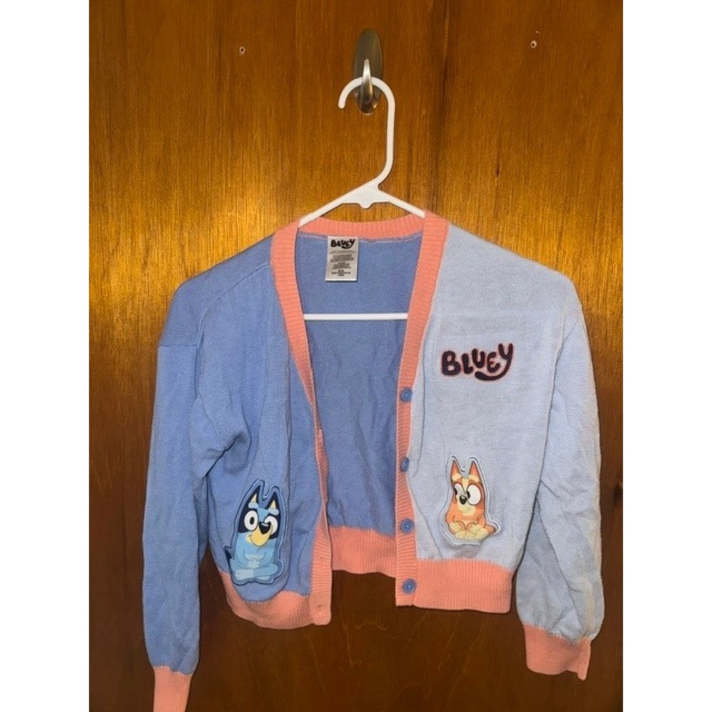Bluey Bingo Girls Colorblock Cardigan Sweater Blue Pink Size M 7/8